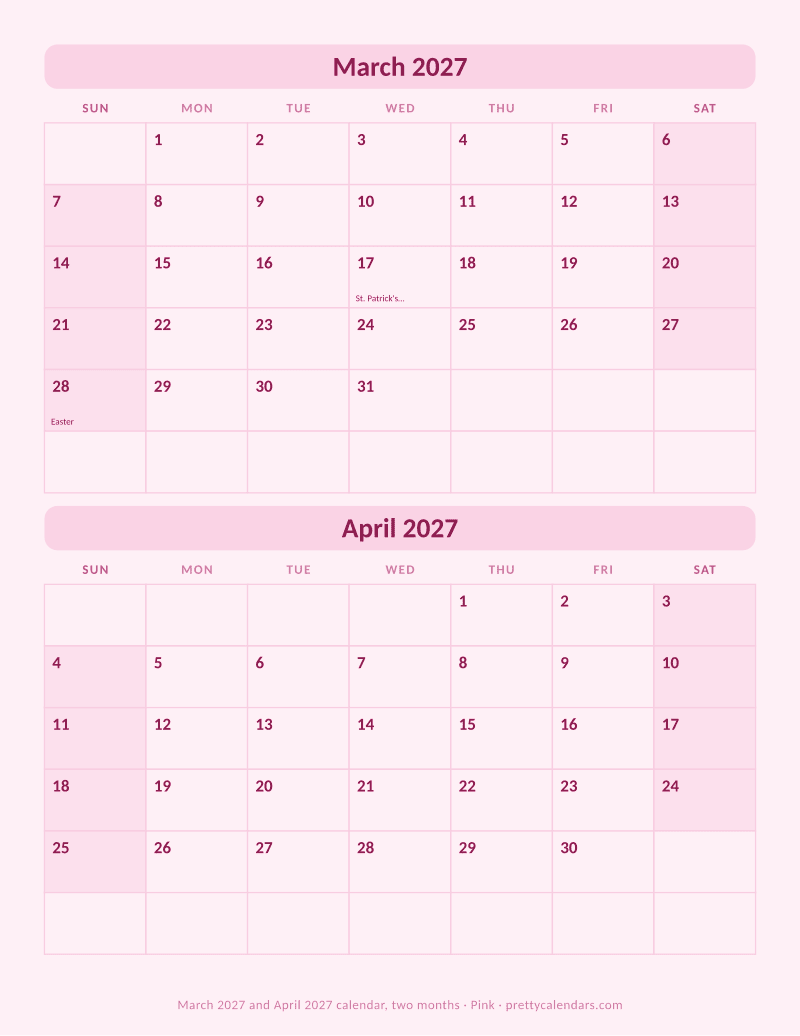 March 2027 two months per page