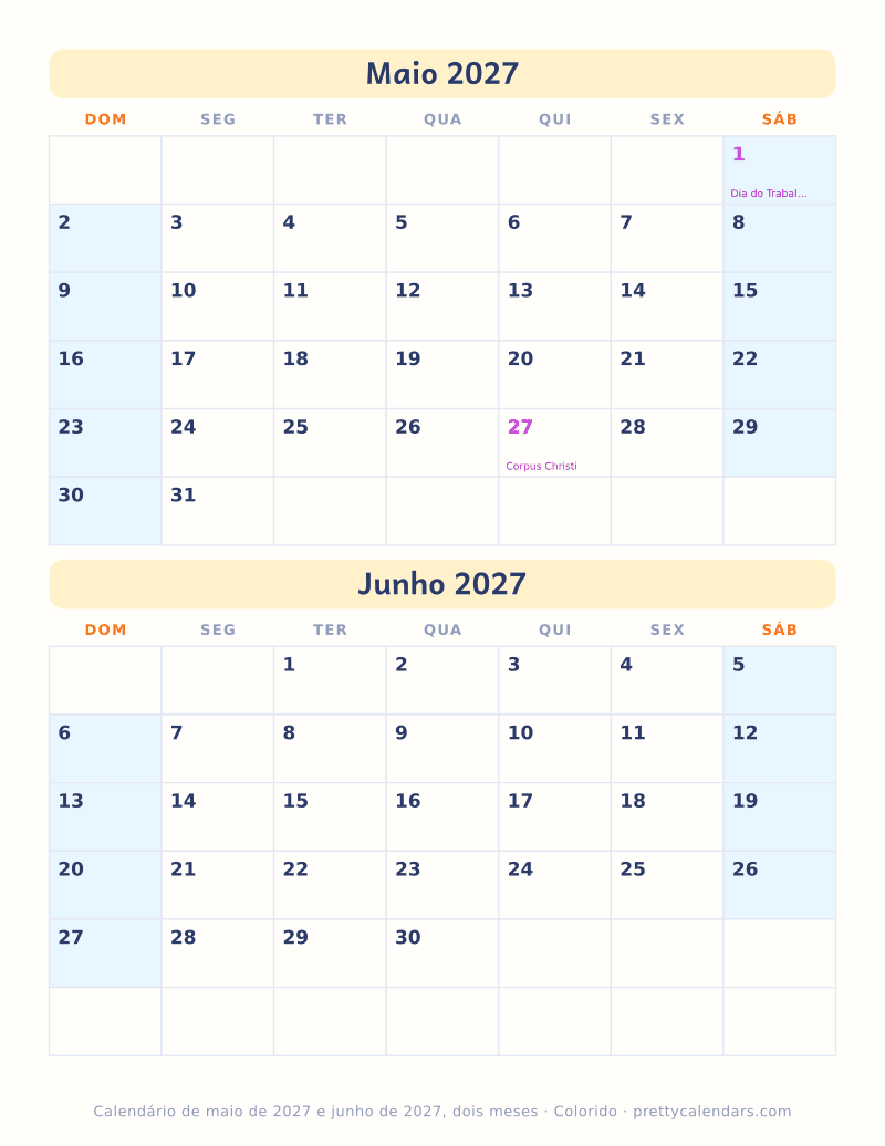 Maio 2027 dois meses por página