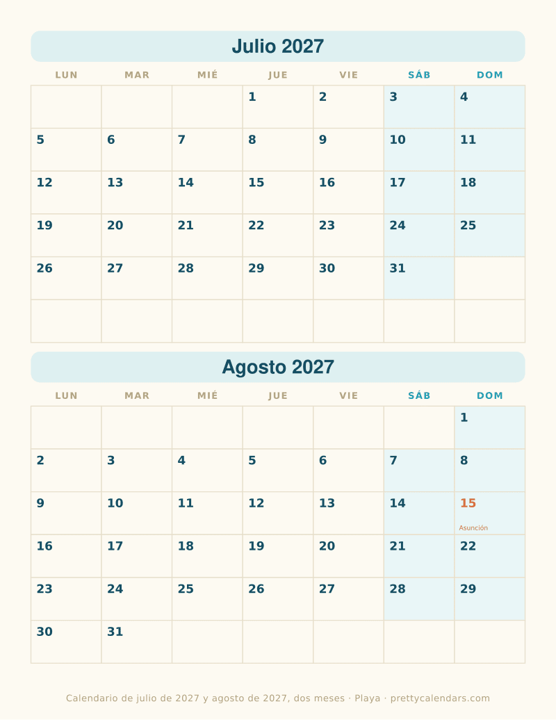 Julio 2027 dos meses por hoja