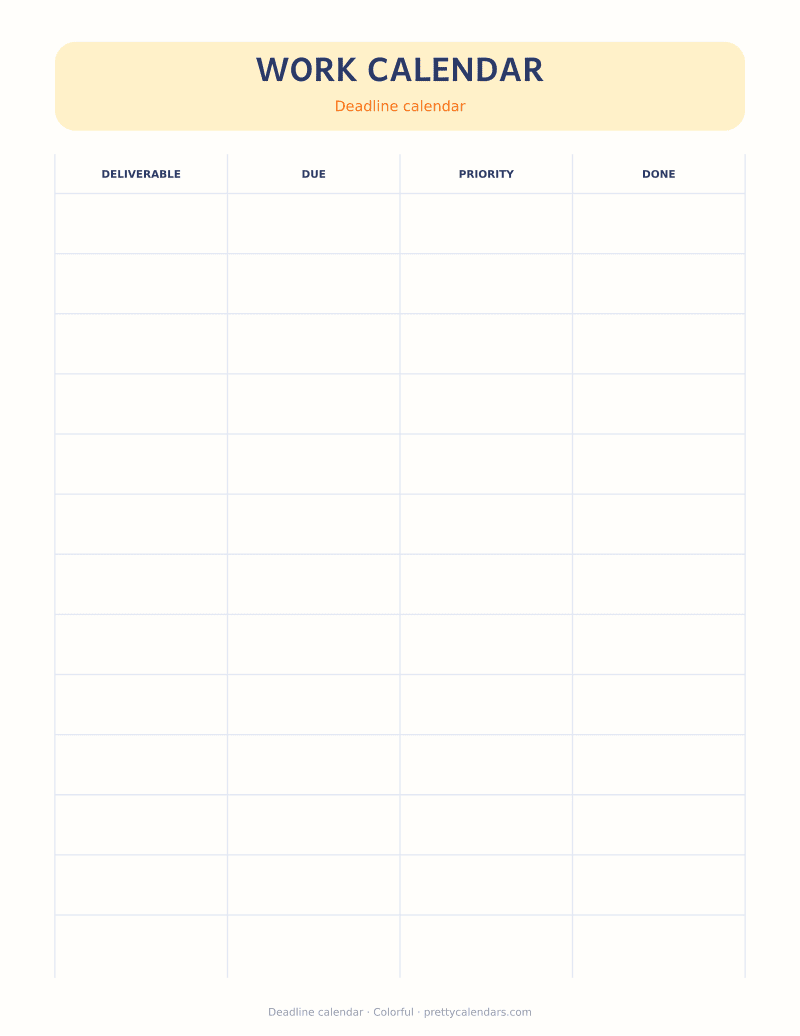 Deadline calendar printable, Colorful