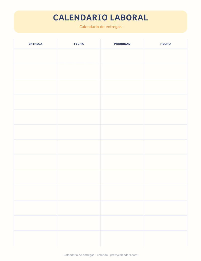 Calendario de entregas para imprimir, diseño Colorido
