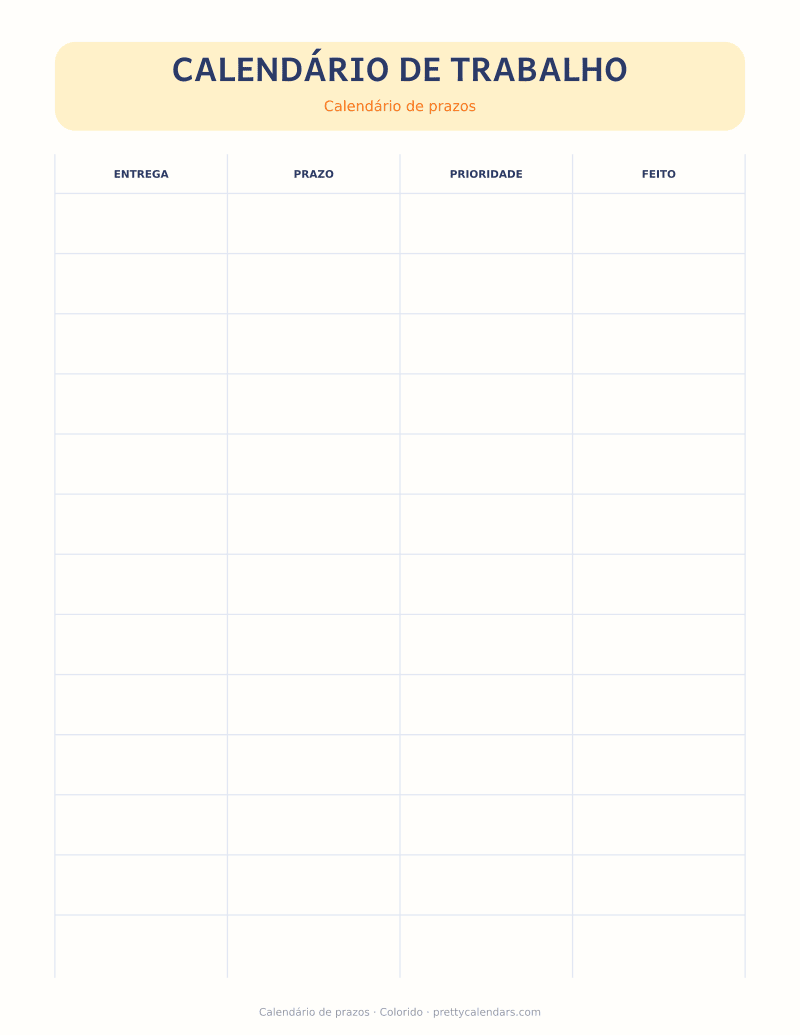 Calendário de prazos para imprimir, estilo Colorido