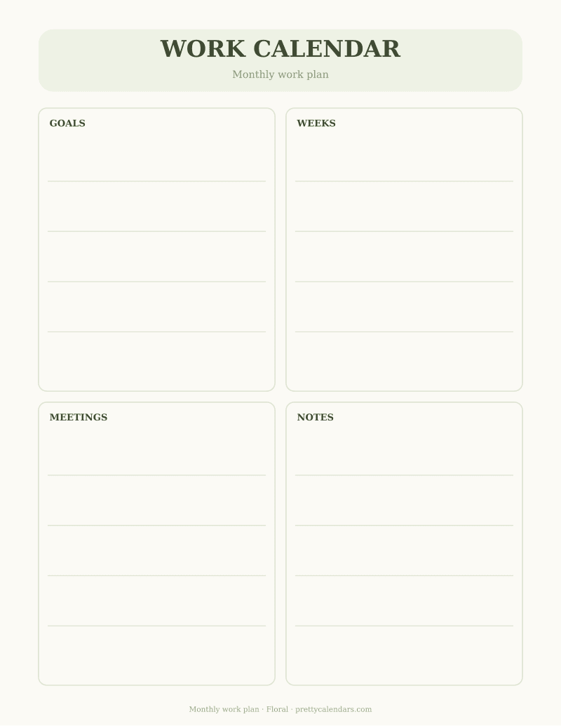 Monthly work plan printable, Floral