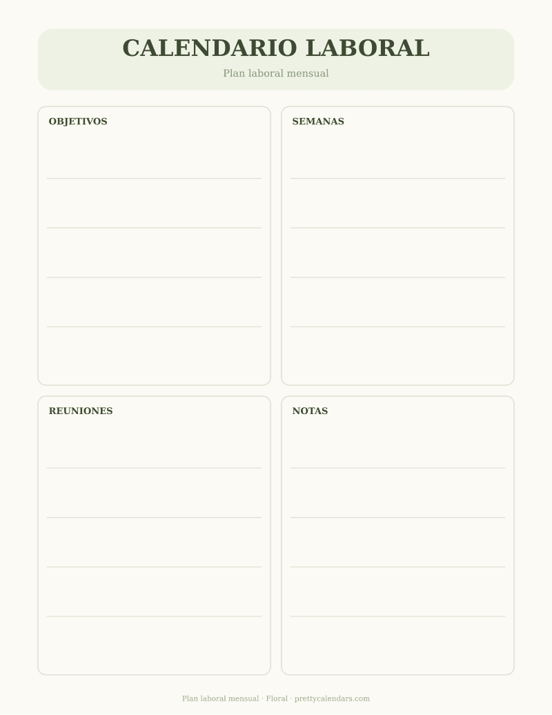 Plan laboral mensual para imprimir, diseño Floral