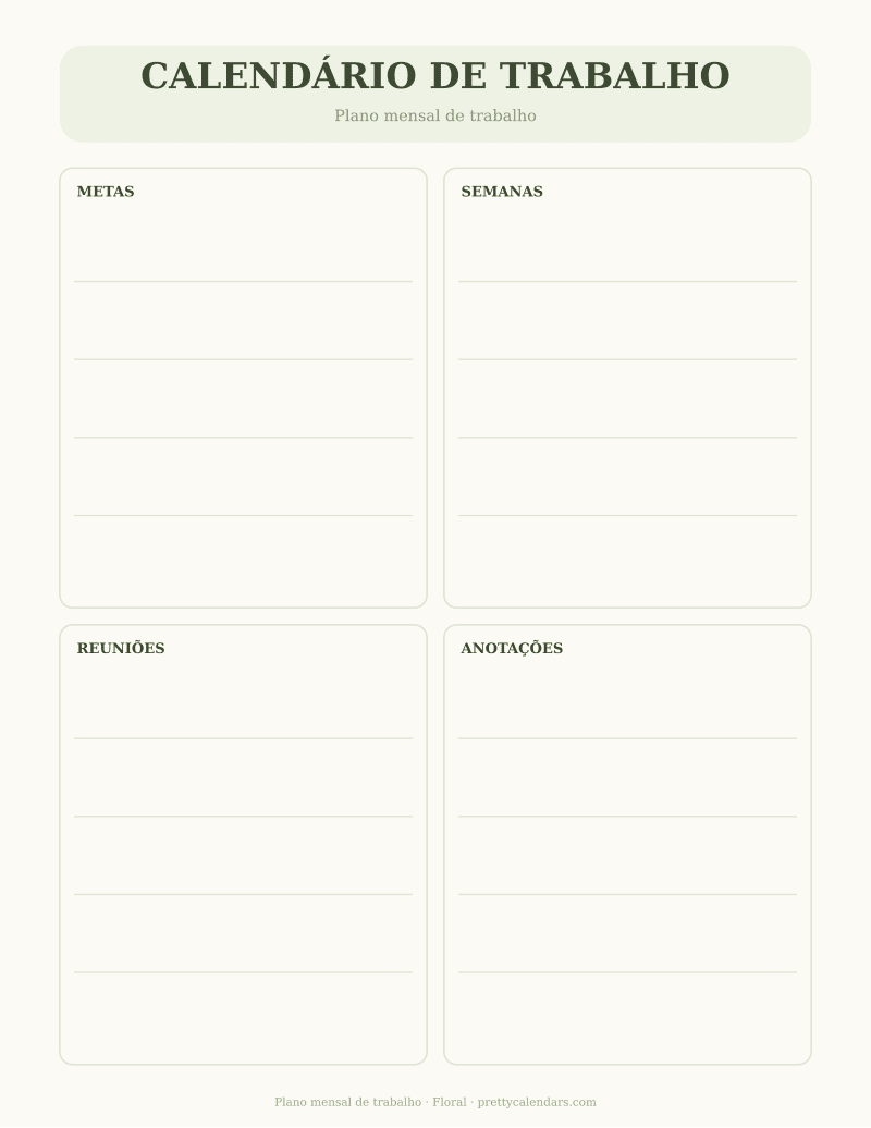 Plano mensal de trabalho para imprimir, estilo Floral