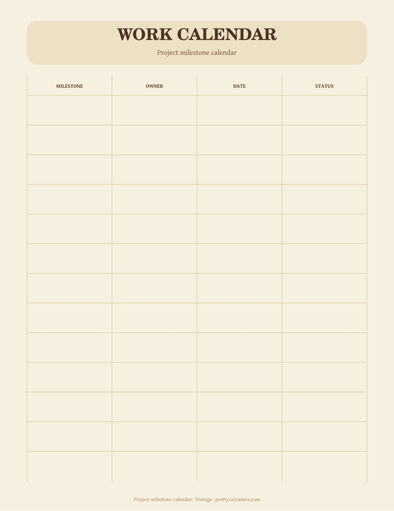 Project milestone calendar printable, Vintage