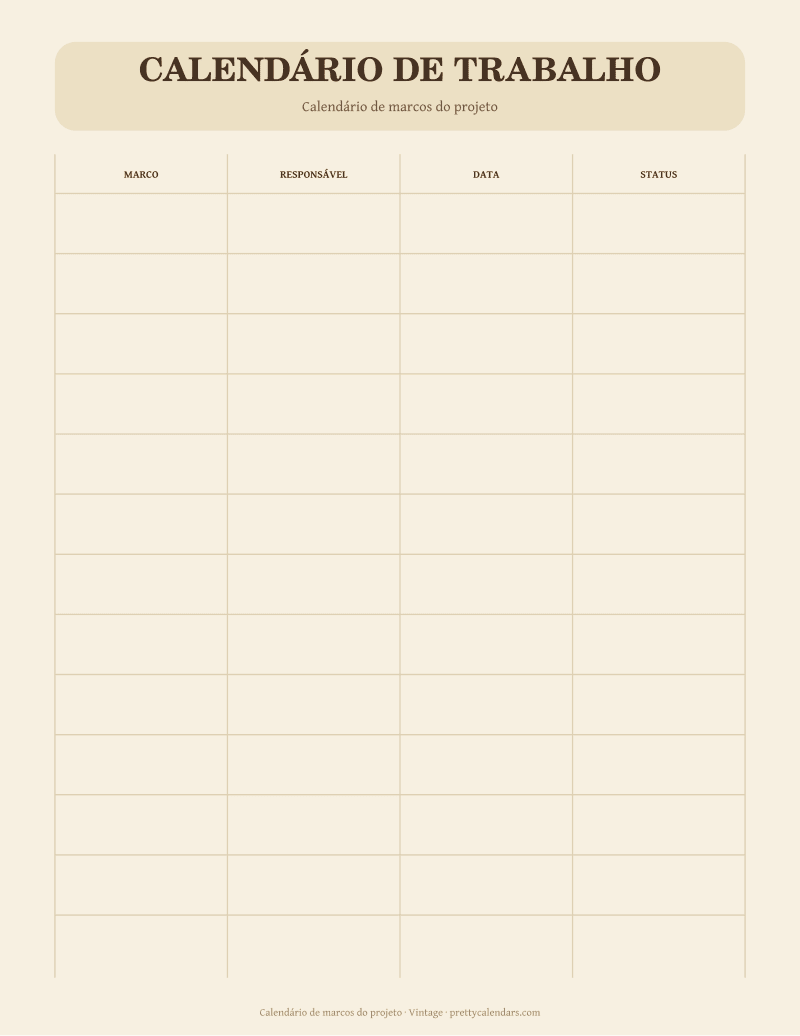 Calendário de marcos do projeto para imprimir, estilo Vintage