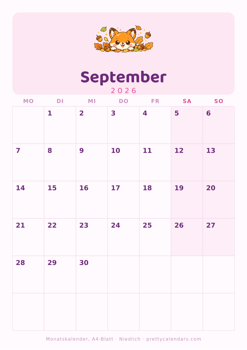 Druckbarer Kalender September 2026 im echten A4-Format, Design Niedlich