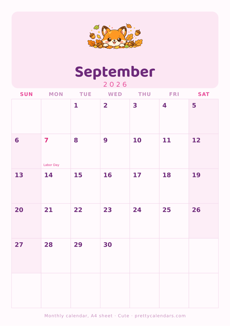 Printable September 2026 calendar drawn at A4 paper size, Cute design