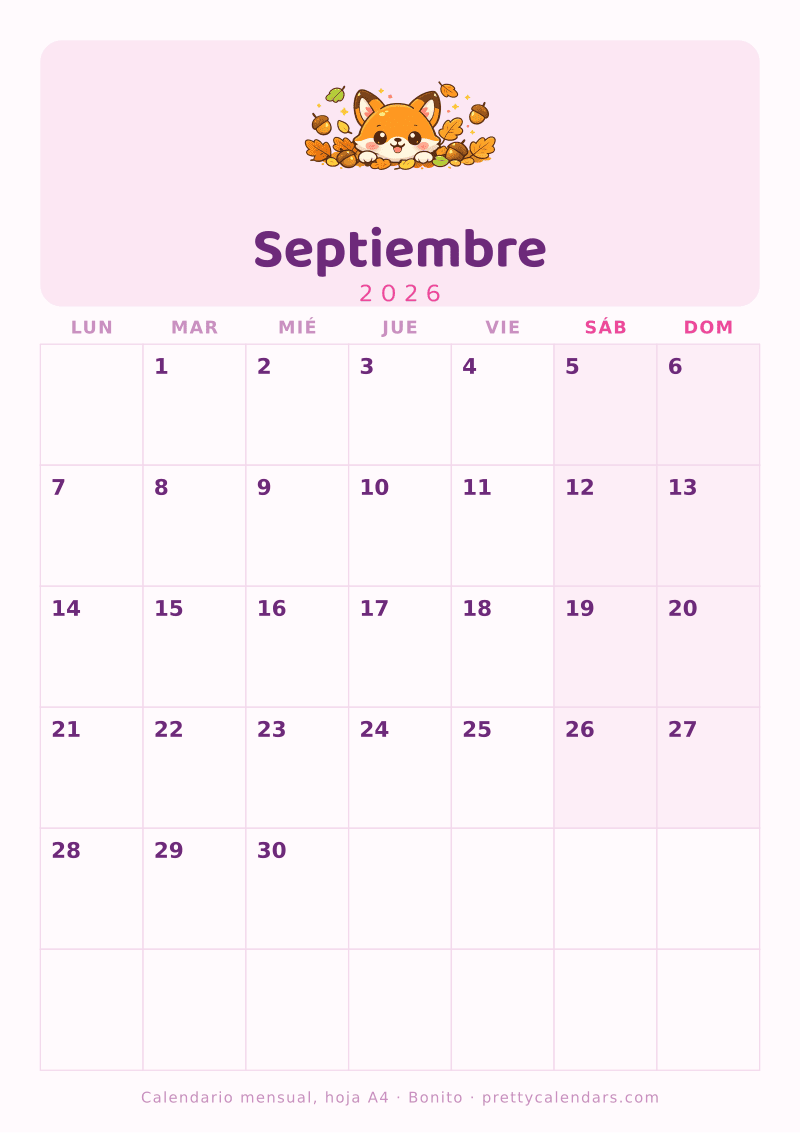 Calendario de Septiembre 2026 para imprimir en tamaño A4, diseño Bonito