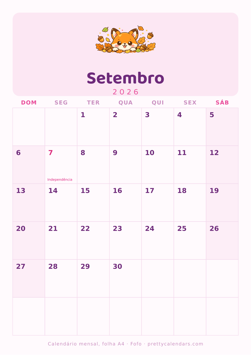 Calendário de Setembro de 2026 para imprimir no tamanho A4 real, estilo Fofo