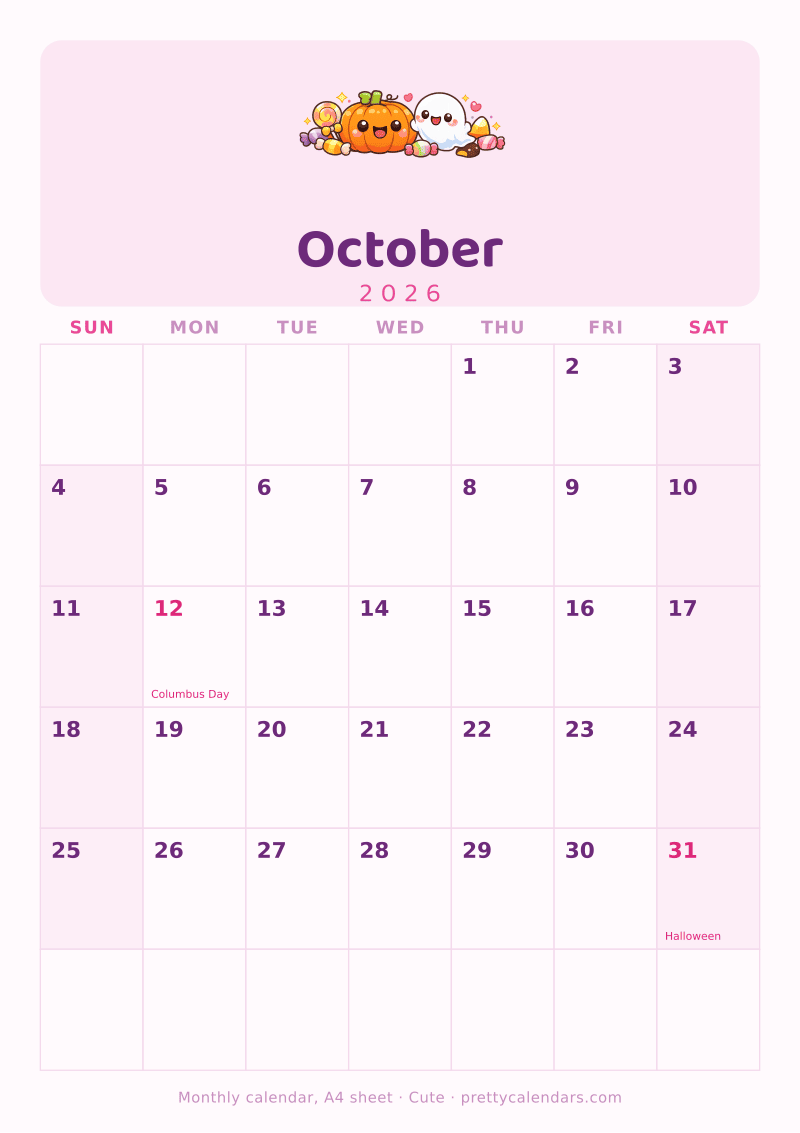 Printable October 2026 calendar drawn at A4 paper size, Cute design