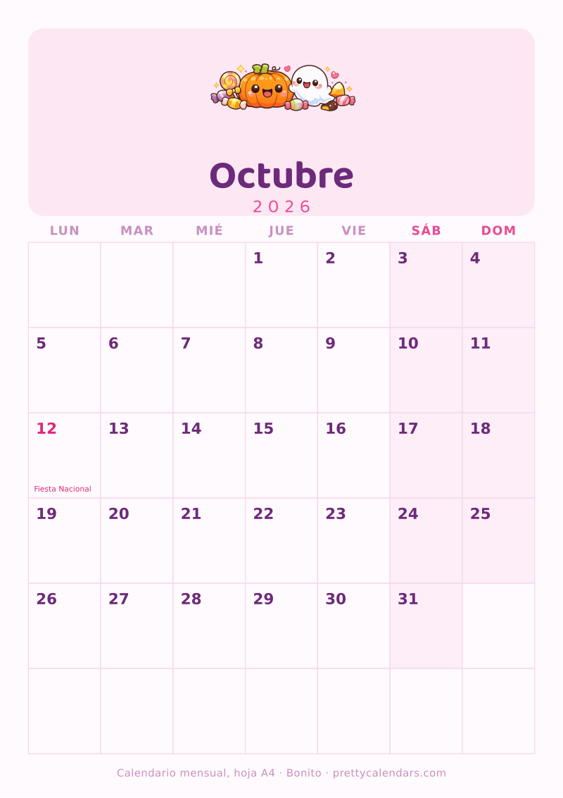 Calendario de Octubre 2026 para imprimir en tamaño A4, diseño Bonito