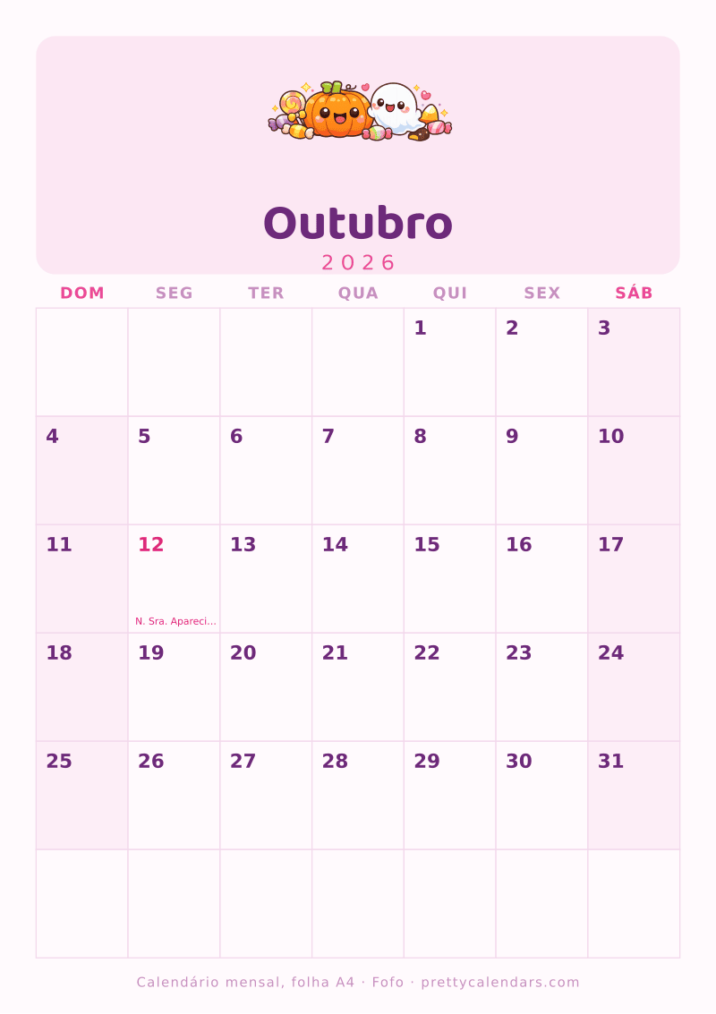 Calendário de Outubro de 2026 para imprimir no tamanho A4 real, estilo Fofo