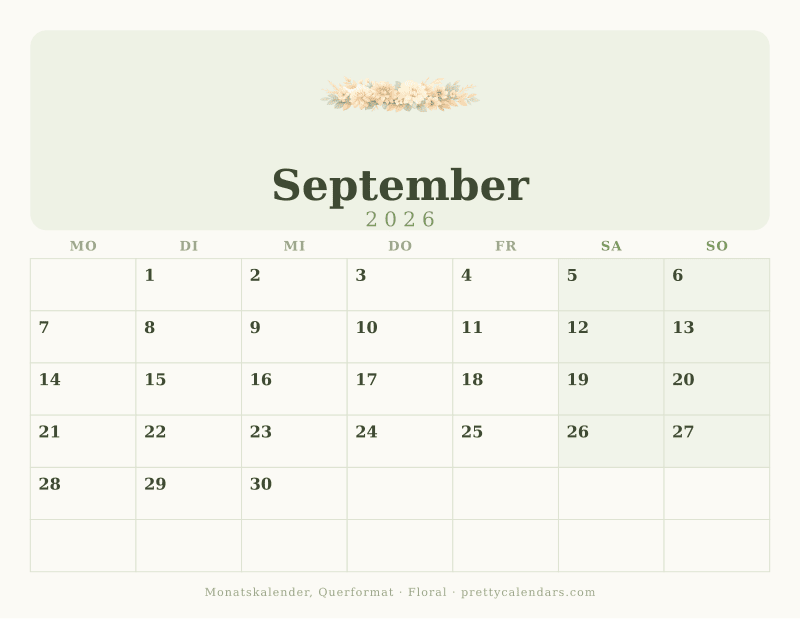 Druckbarer Kalender September 2026 im Querformat mit breiten Tagesfeldern, Design Floral