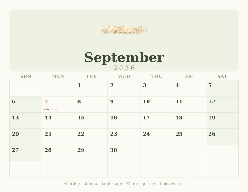 Printable September 2026 calendar in landscape orientation with wide day boxes, Floral design