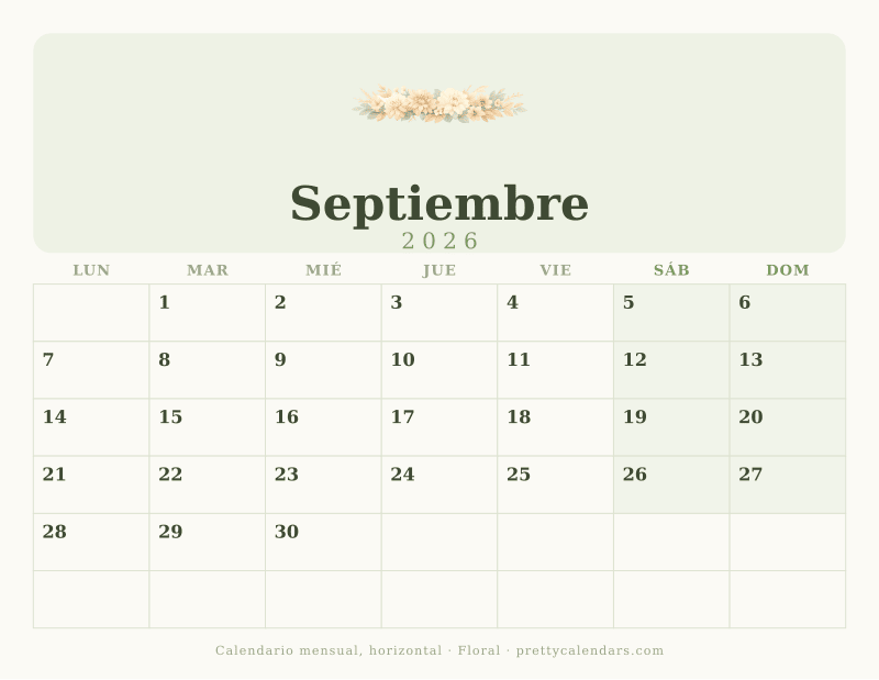 Calendario de Septiembre 2026 para imprimir en horizontal con casillas anchas, diseño Floral