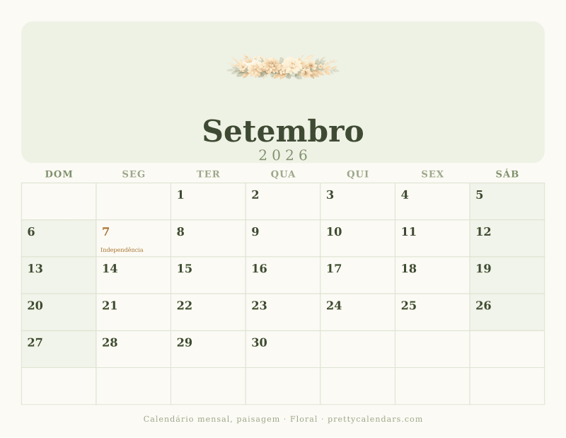 Calendário de Setembro de 2026 para imprimir em paisagem com campos largos, estilo Floral