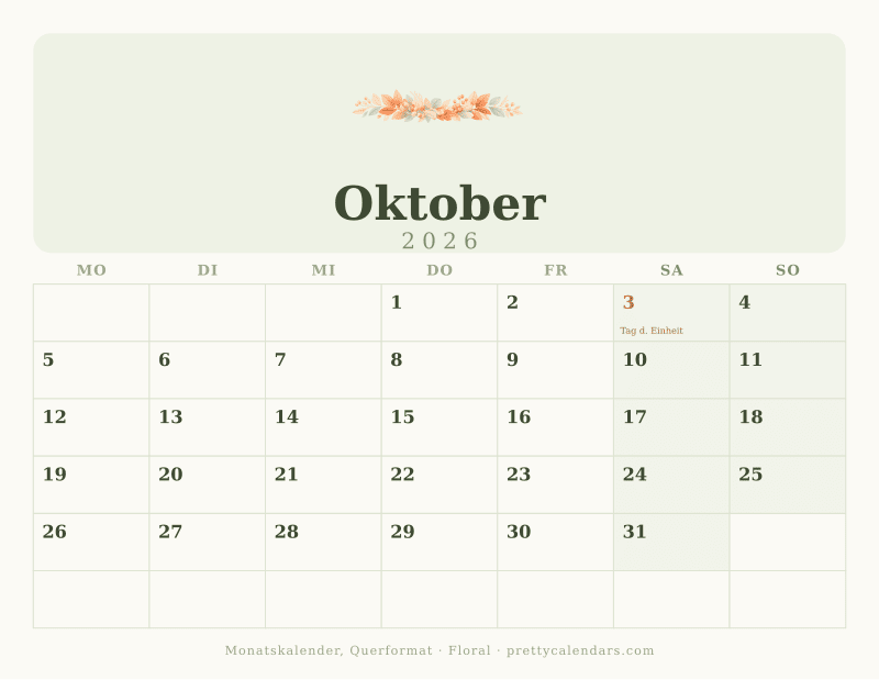 Druckbarer Kalender Oktober 2026 im Querformat mit breiten Tagesfeldern, Design Floral
