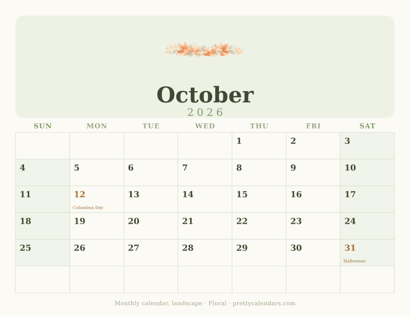 Printable October 2026 calendar in landscape orientation with wide day boxes, Floral design