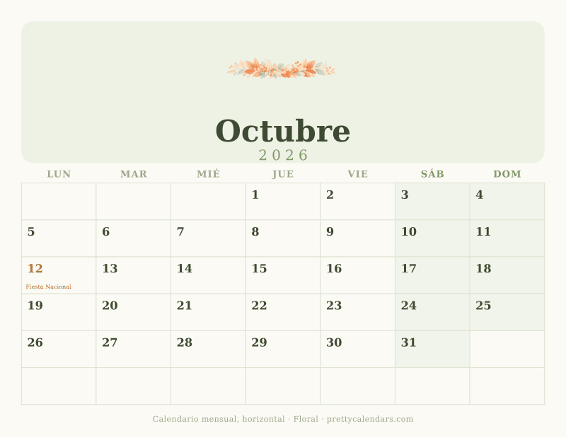 Calendario de Octubre 2026 para imprimir en horizontal con casillas anchas, diseño Floral