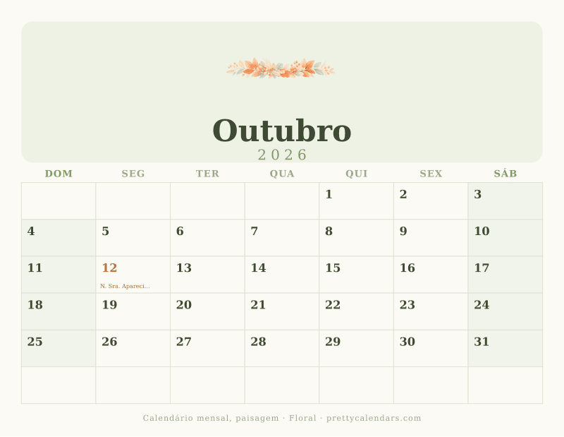 Calendário de Outubro de 2026 para imprimir em paisagem com campos largos, estilo Floral