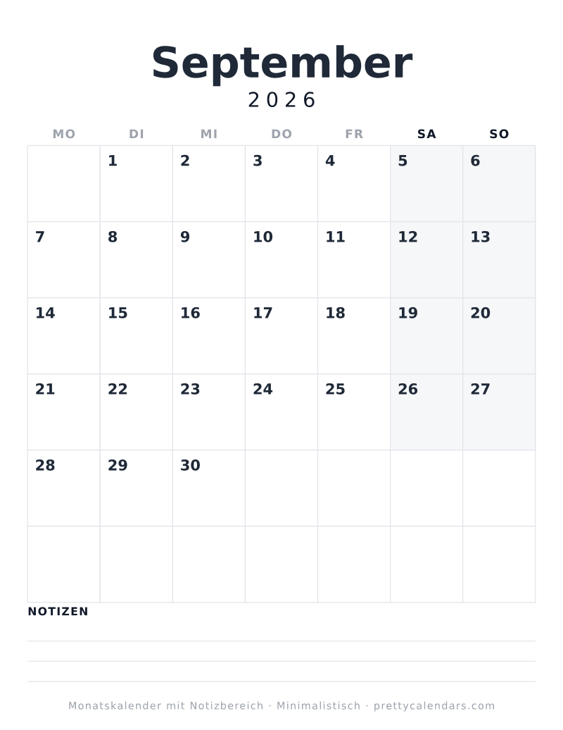 Druckbarer Kalender September 2026 mit drei Notizlinien unter dem Monatsraster, Design Minimalistisch