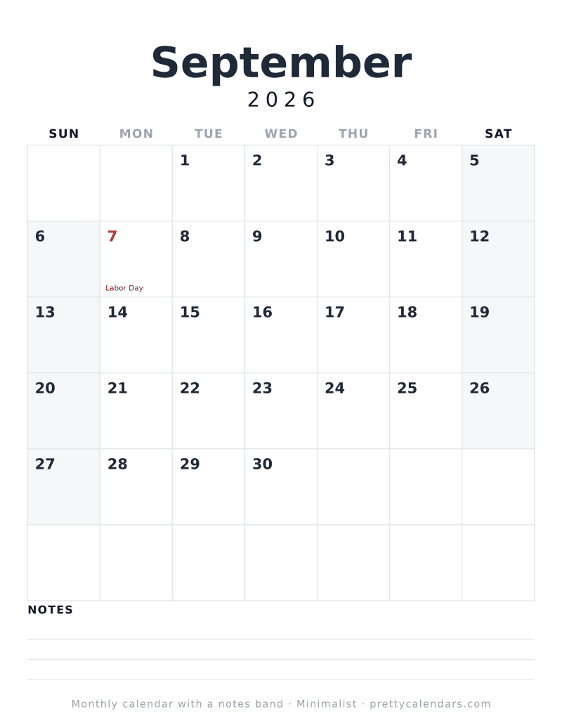 Printable September 2026 calendar with three ruled notes lines under the month grid, Minimalist design