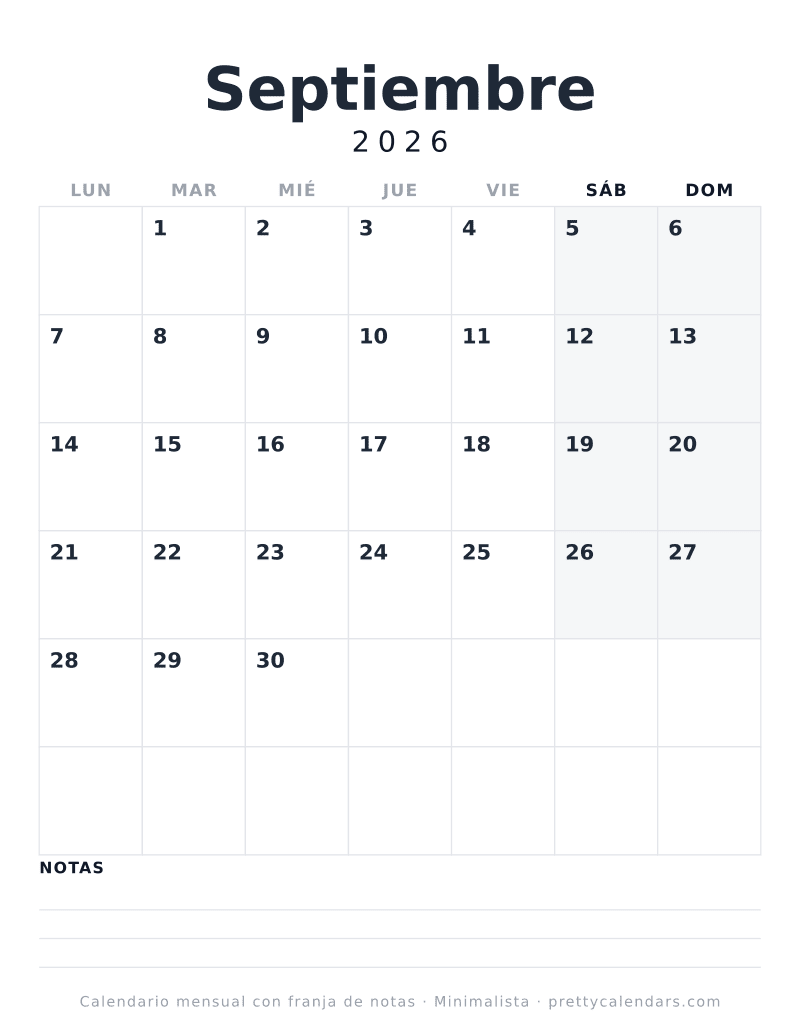 Calendario de Septiembre 2026 para imprimir con tres renglones de notas debajo de la cuadrícula, diseño Minimalista
