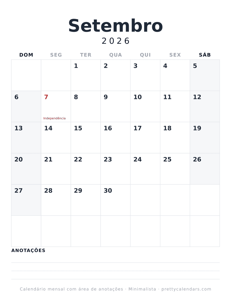 Calendário de Setembro de 2026 para imprimir com três linhas de anotações, estilo Minimalista