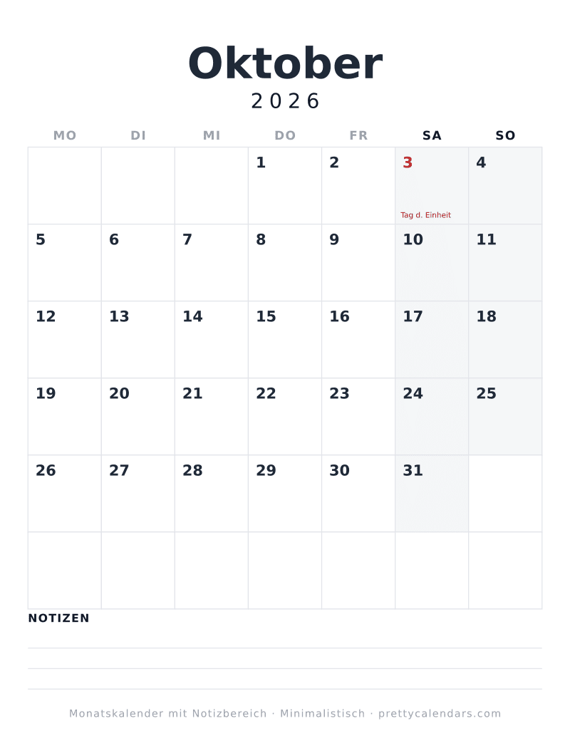 Druckbarer Kalender Oktober 2026 mit drei Notizlinien unter dem Monatsraster, Design Minimalistisch