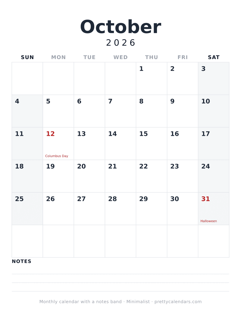 Printable October 2026 calendar with three ruled notes lines under the month grid, Minimalist design