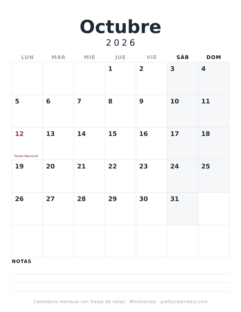 Calendario de Octubre 2026 para imprimir con tres renglones de notas debajo de la cuadrícula, diseño Minimalista