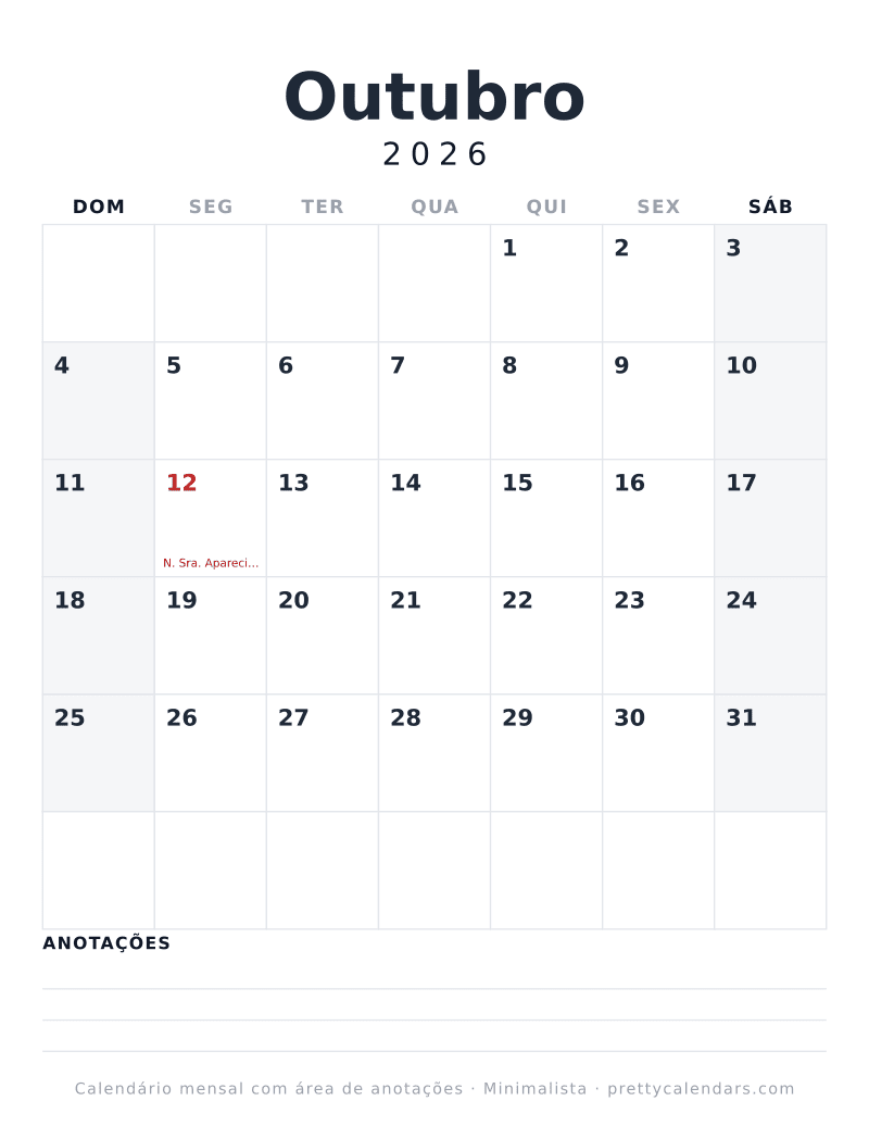 Calendário de Outubro de 2026 para imprimir com três linhas de anotações, estilo Minimalista