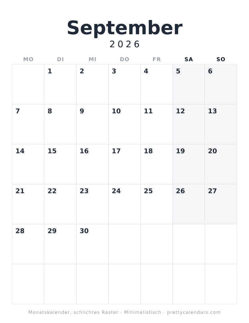 Druckbarer Kalender September 2026 mit schlichtem Raster, ohne Illustration und Feiertage, Design Minimalistisch