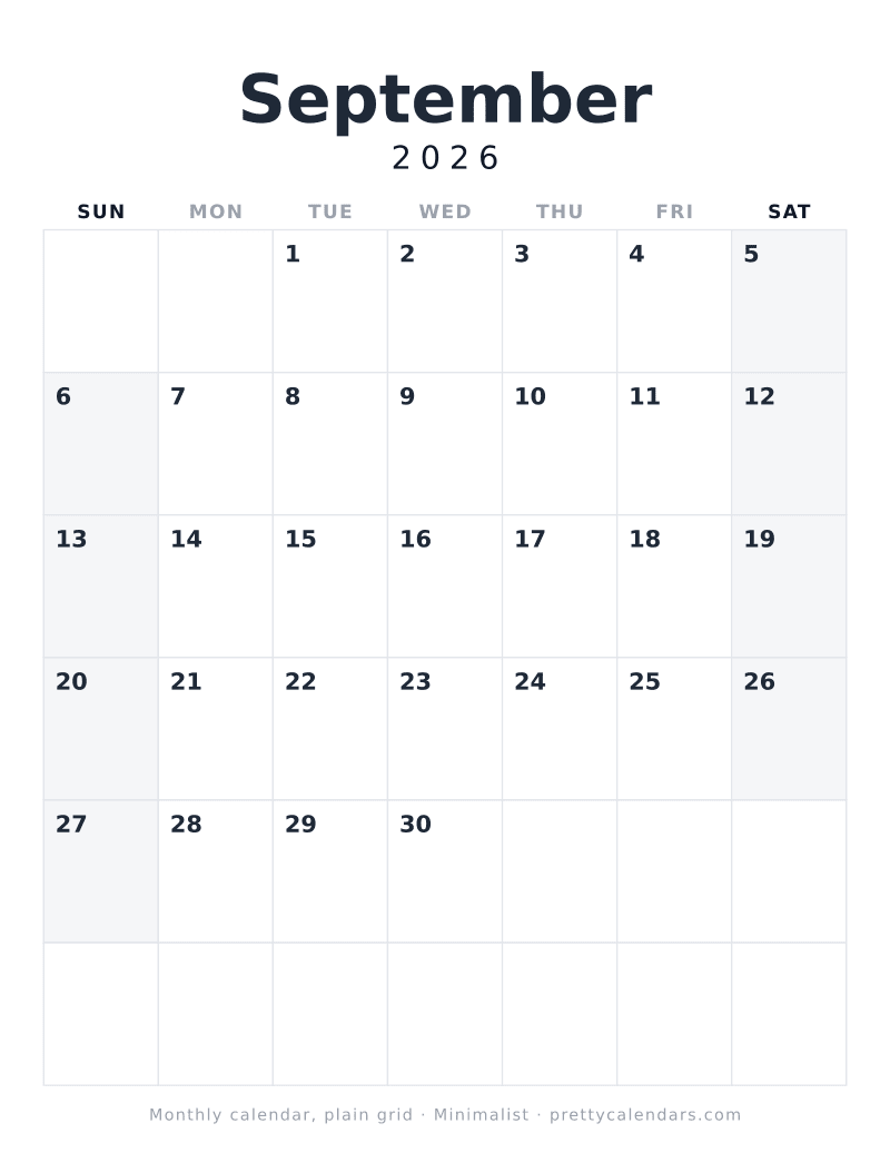 Printable September 2026 calendar with a plain grid, no illustration and no holidays marked, Minimalist design