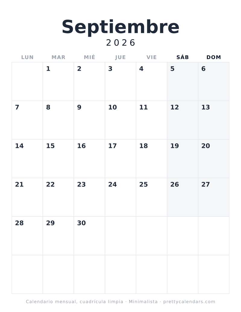Calendario de Septiembre 2026 para imprimir con cuadrícula limpia, sin ilustración y sin festivos marcados, diseño Minimalista