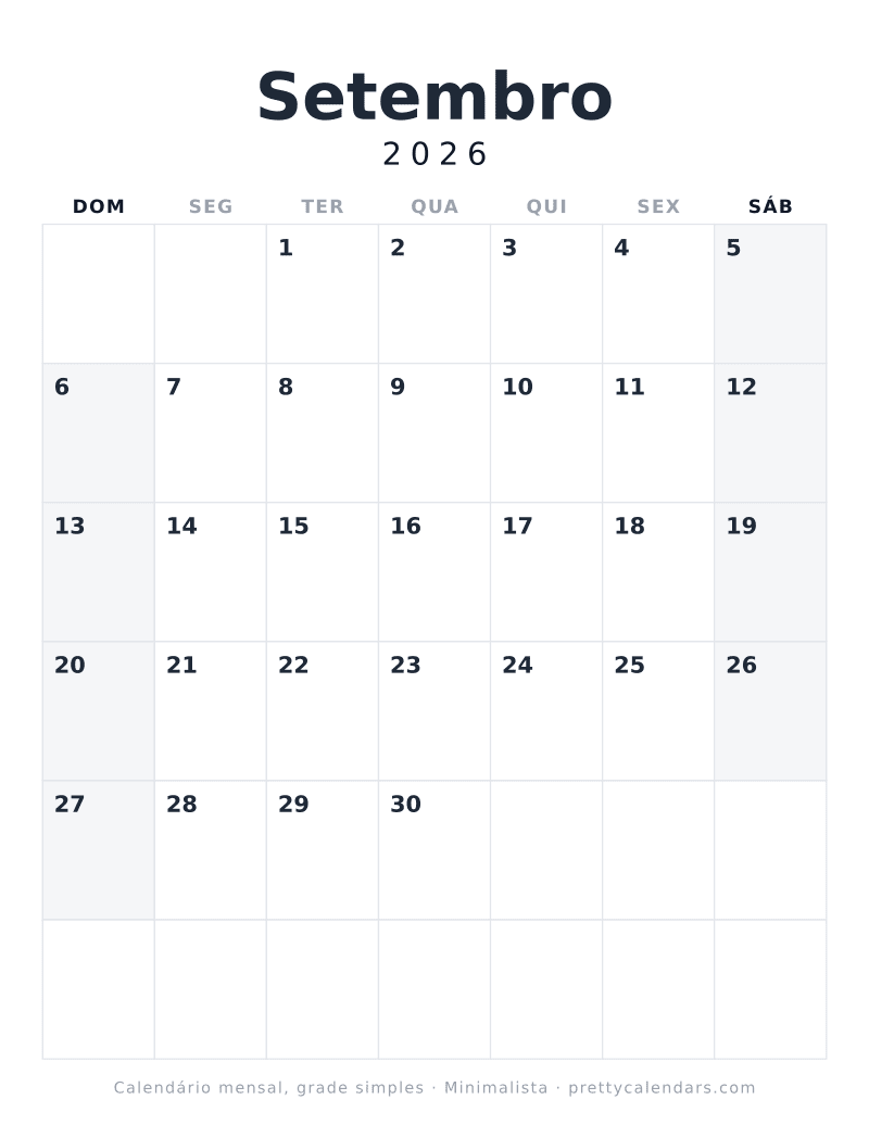 Calendário de Setembro de 2026 para imprimir com grade simples, sem ilustração ou feriados, estilo Minimalista