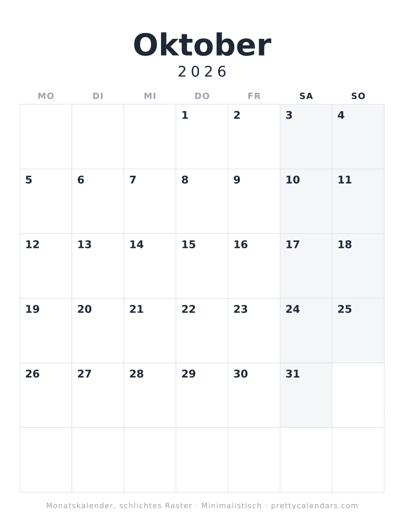 Druckbarer Kalender Oktober 2026 mit schlichtem Raster, ohne Illustration und Feiertage, Design Minimalistisch