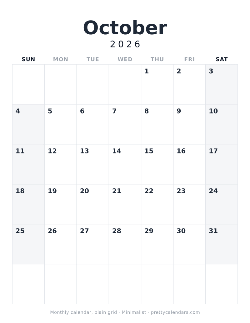 Printable October 2026 calendar with a plain grid, no illustration and no holidays marked, Minimalist design