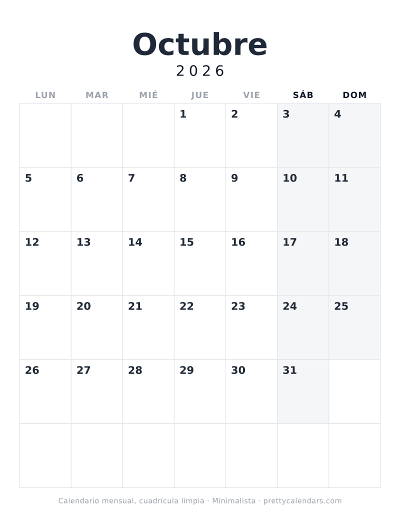 Calendario de Octubre 2026 para imprimir con cuadrícula limpia, sin ilustración y sin festivos marcados, diseño Minimalista