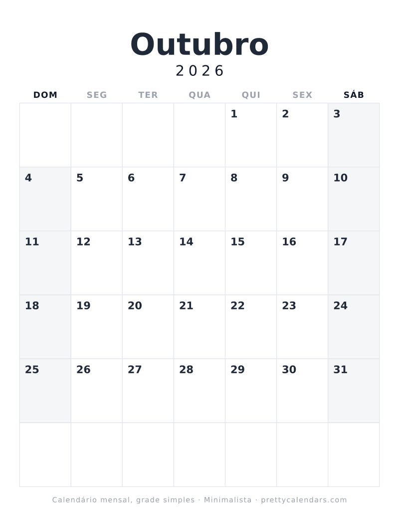 Calendário de Outubro de 2026 para imprimir com grade simples, sem ilustração ou feriados, estilo Minimalista