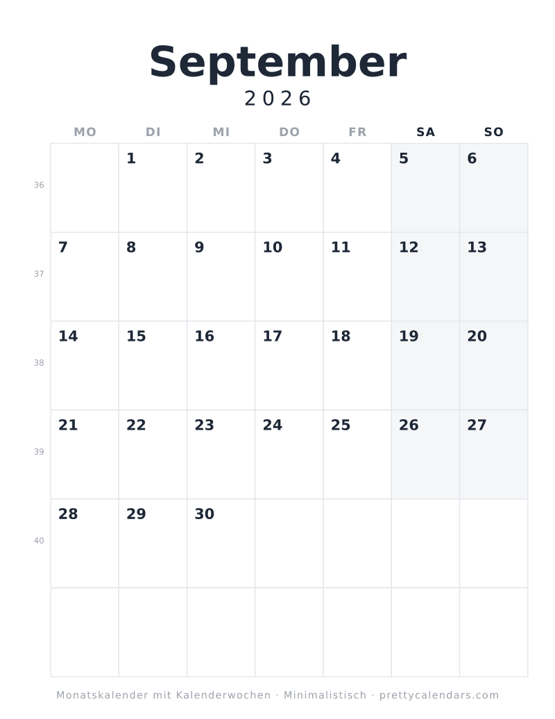 Druckbarer Kalender September 2026 mit Montag als Wochenbeginn und ISO-Kalenderwochen, Design Minimalistisch