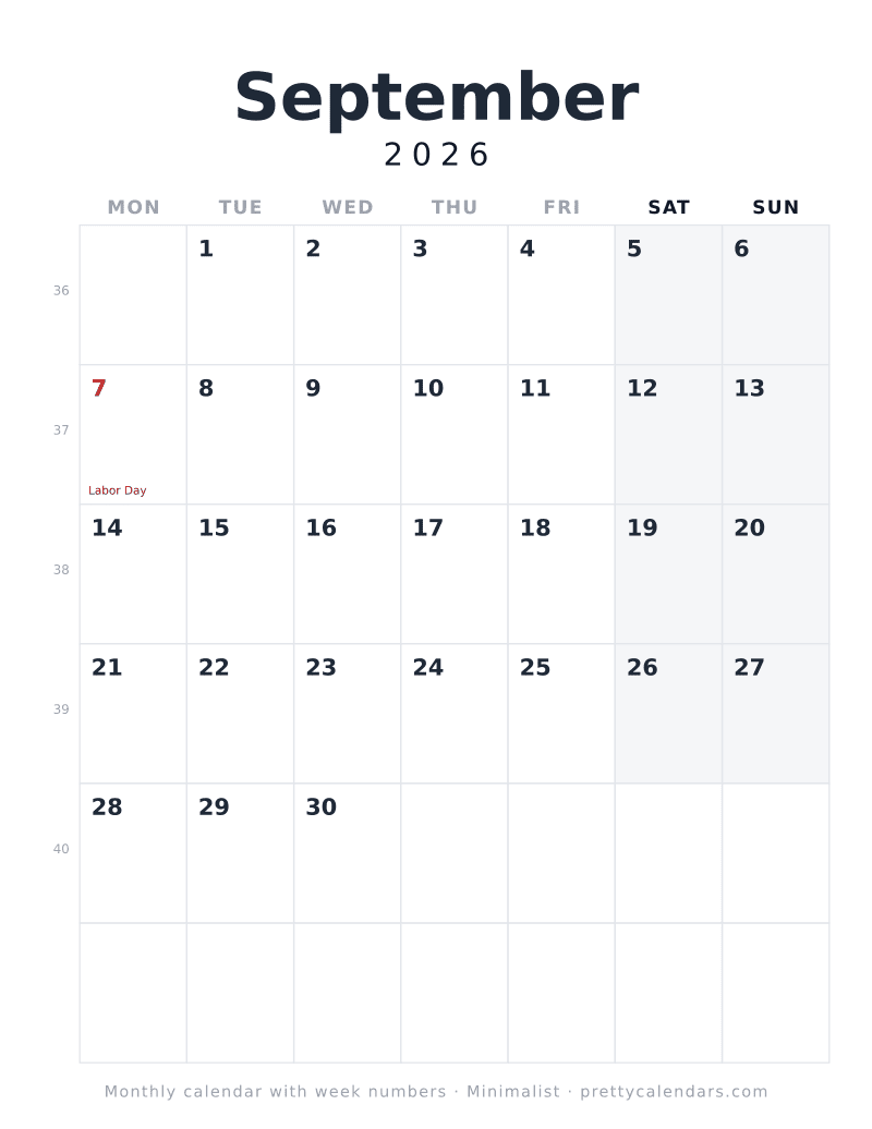 Printable September 2026 calendar starting on Monday with the ISO week number beside every row, Minimalist design