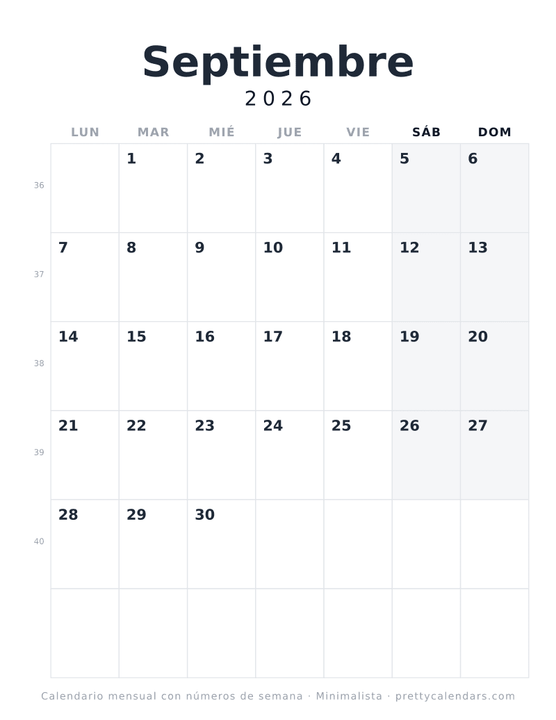Calendario de Septiembre 2026 para imprimir que empieza en lunes y lleva el número de semana ISO junto a cada fila, diseño Minimalista