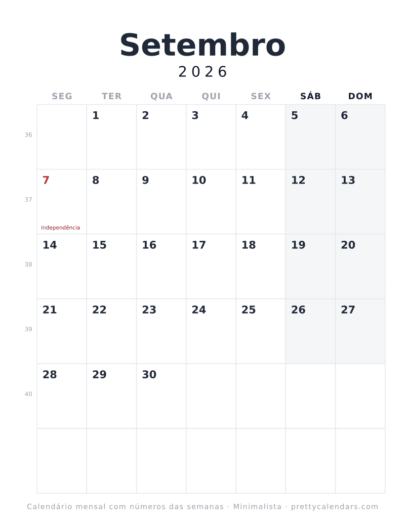 Calendário de Setembro de 2026 para imprimir começando na segunda e com semanas ISO, estilo Minimalista