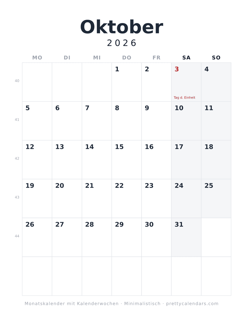 Druckbarer Kalender Oktober 2026 mit Montag als Wochenbeginn und ISO-Kalenderwochen, Design Minimalistisch