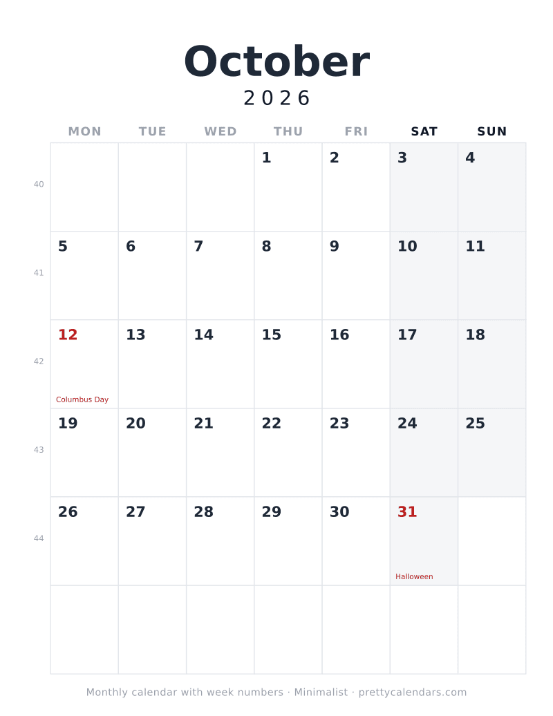 Printable October 2026 calendar starting on Monday with the ISO week number beside every row, Minimalist design