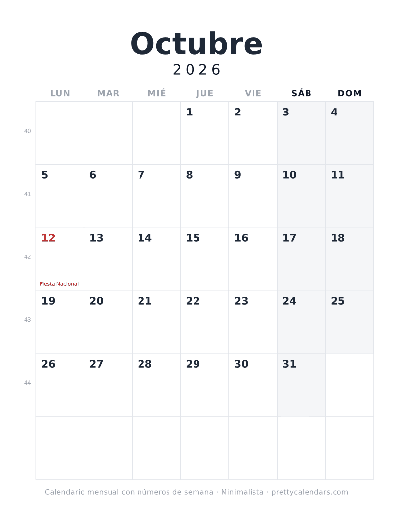 Calendario de Octubre 2026 para imprimir que empieza en lunes y lleva el número de semana ISO junto a cada fila, diseño Minimalista