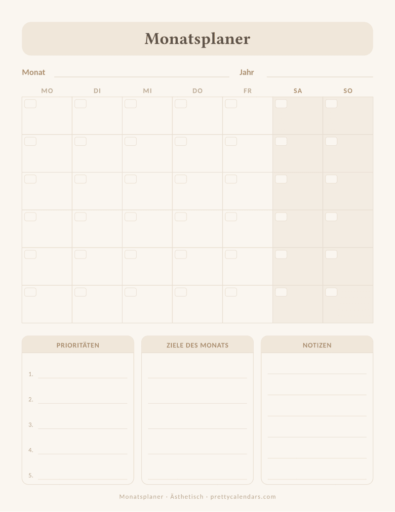 Druckbarer Monatskalender mit Planungsfeldern, Design Ästhetisch